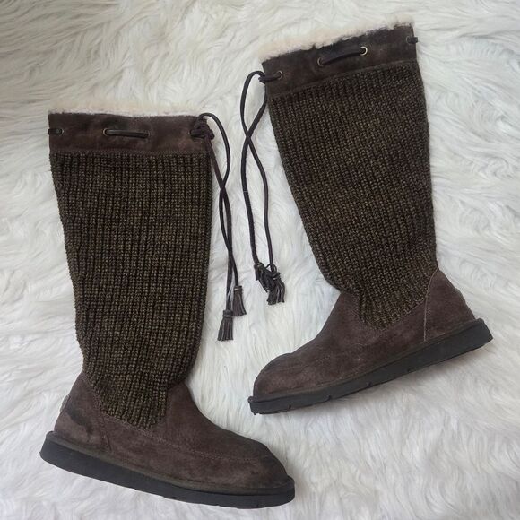 UGG 7 Suede Suburb Crochet Shearling Sweater Boots 5124 Brown Knit UGGS Leather - Picture 1 of 13